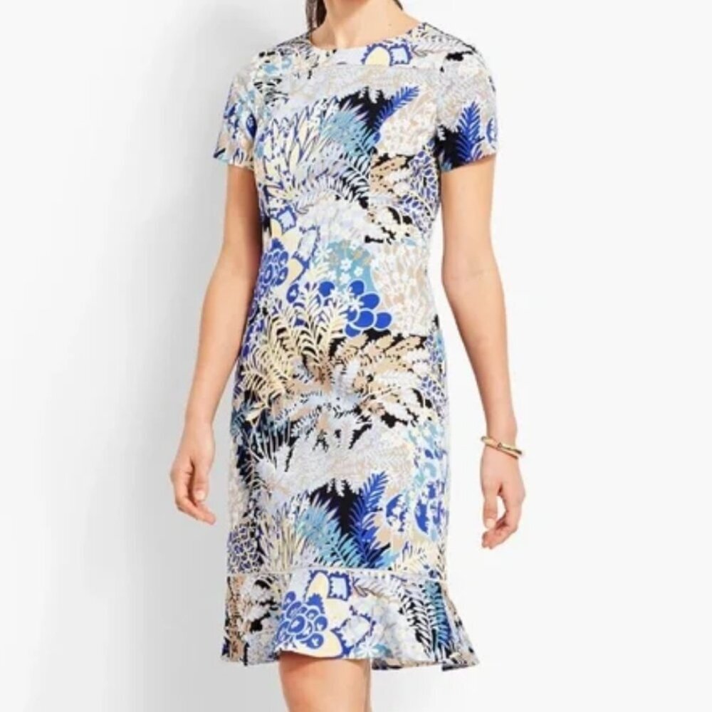 Talbots Botanical Garden Cotton Shift Dress Tan Blue Flounce‎ Hem (Size 16P)
